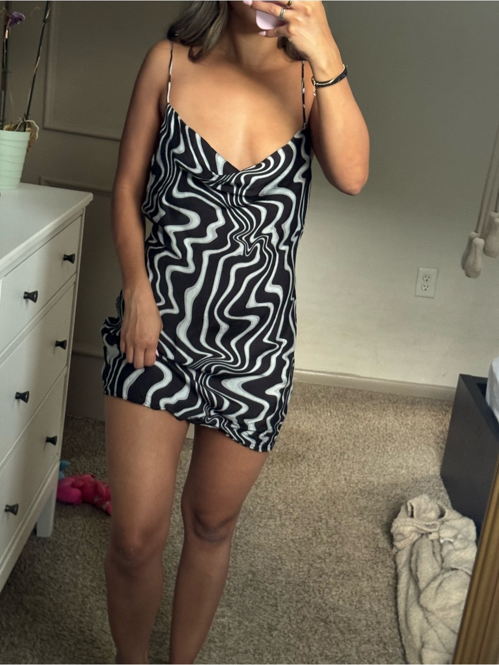 Zara Black & White Neutral Patterned Swirl Slip Dress - Sleek Cowl Neck